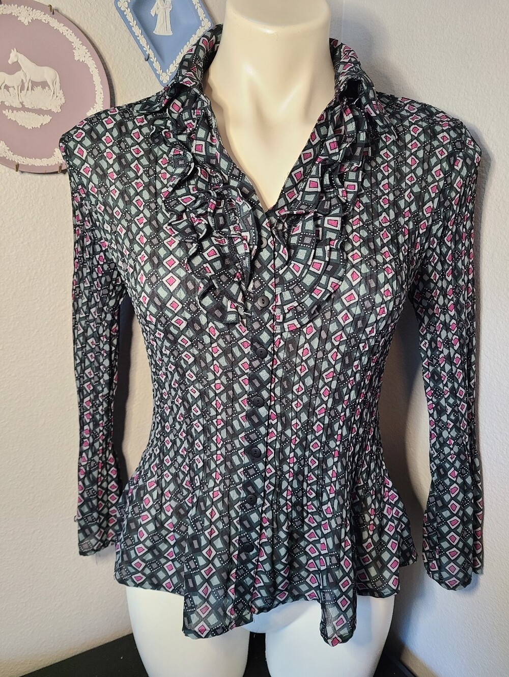 Y2K Sunny Leigh Top Geometric Print Ruffle Blouse 90s 2000s S